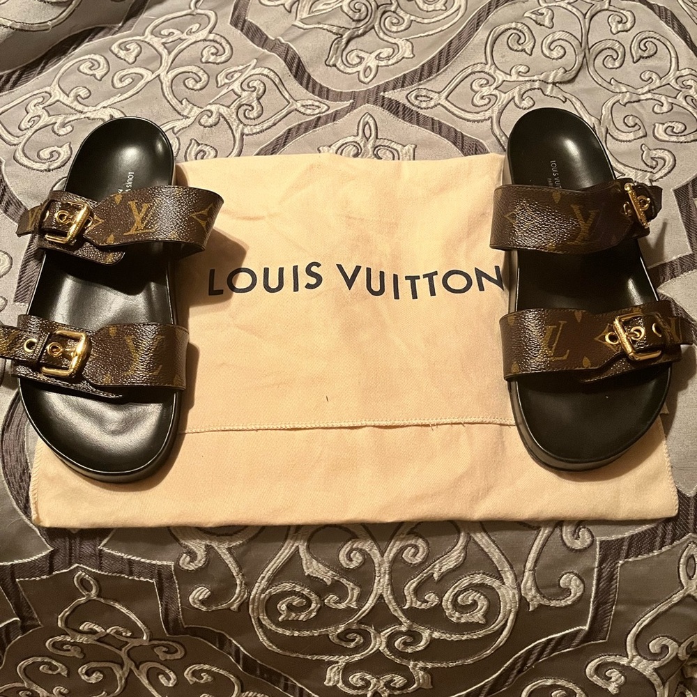 Louis Vuitton Brown Monogram Bom Dia Flat Mule Sandals with Gold Buckles - Picture 3 of 5